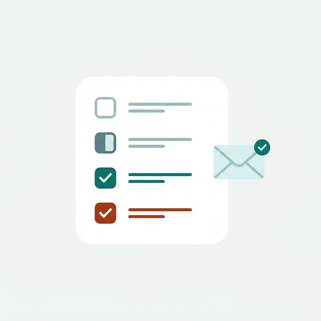Ilustração abstrata de uma checklist de qualidade para produção de e-mail, com itens sendo marcados